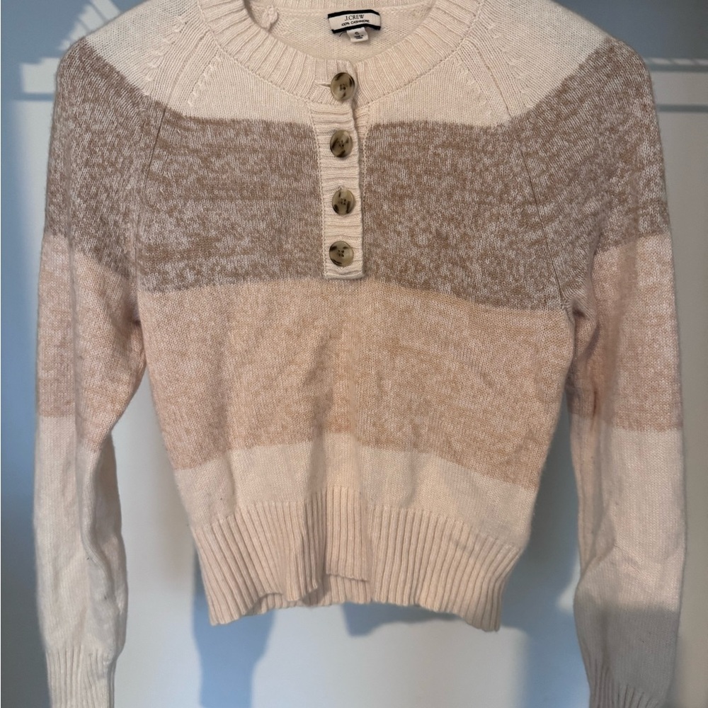 J. Crew Cream and Beige Striped Cashmere Sweater
